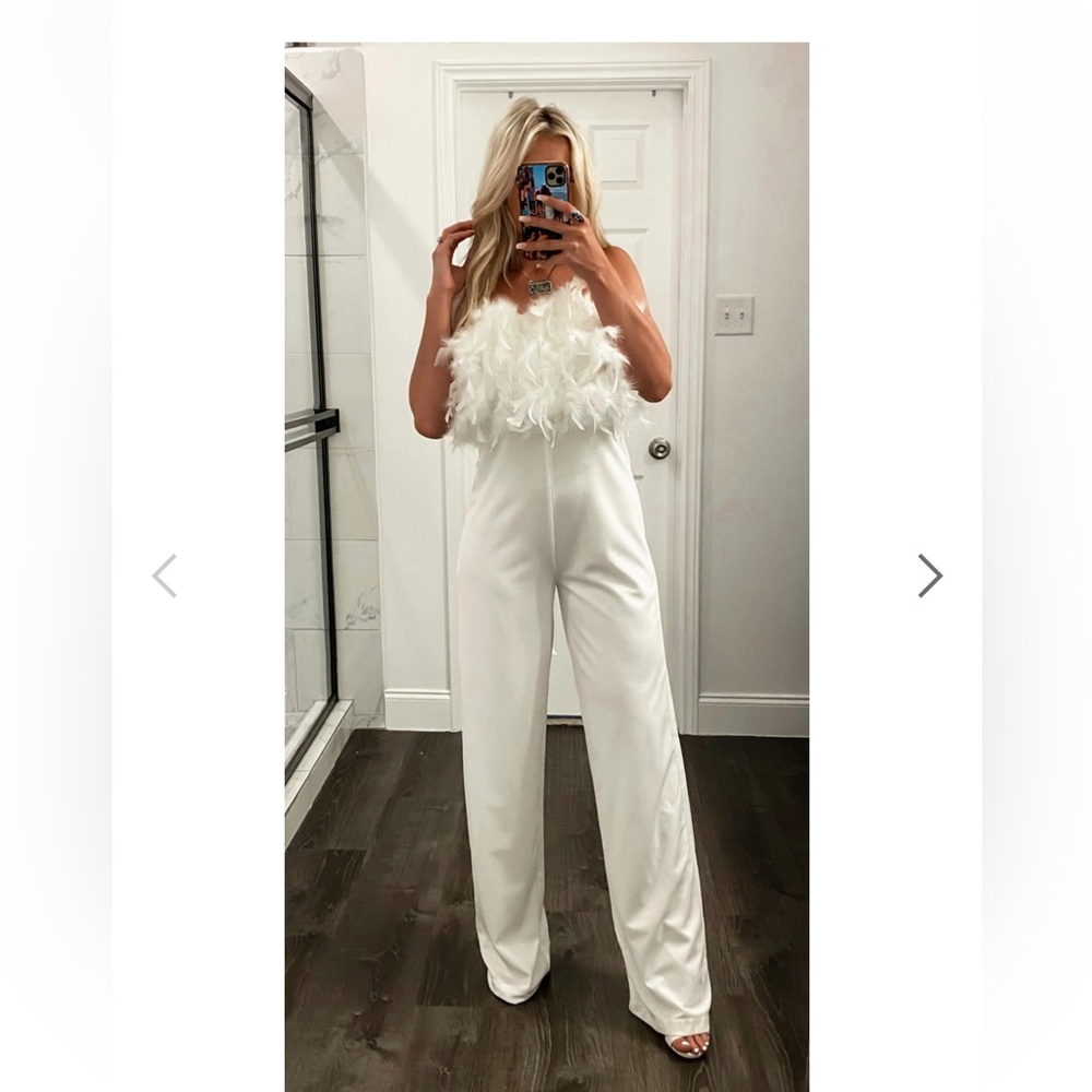 Feather white strapless jumpsuit romper size s/m wedding. Bridal. Bachelorette